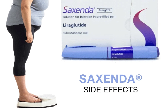 Common side effects of Saxenda include nausea, vomiting, diarrhoea, constipation, and headache.