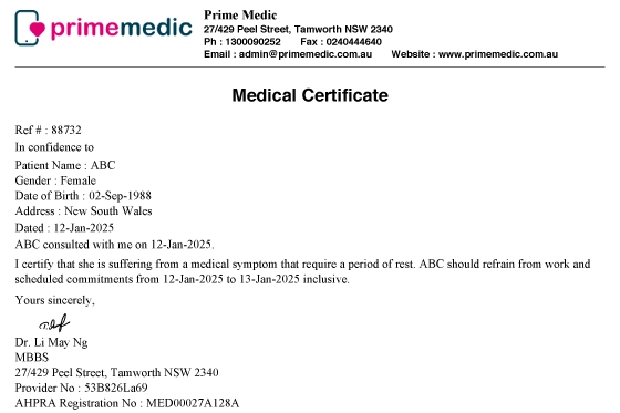 Online medical certificate issued by Prime Medic, detailing consultation and rest recommendations.